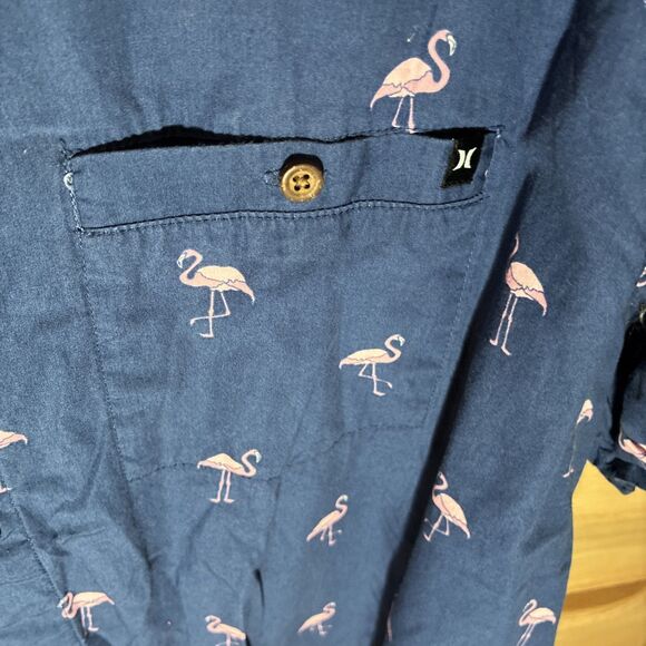 Hurley Button Up Shirt Men's XXL Short Sleeve Button Up Blue Pink Flamingos - Picture 4 of 5